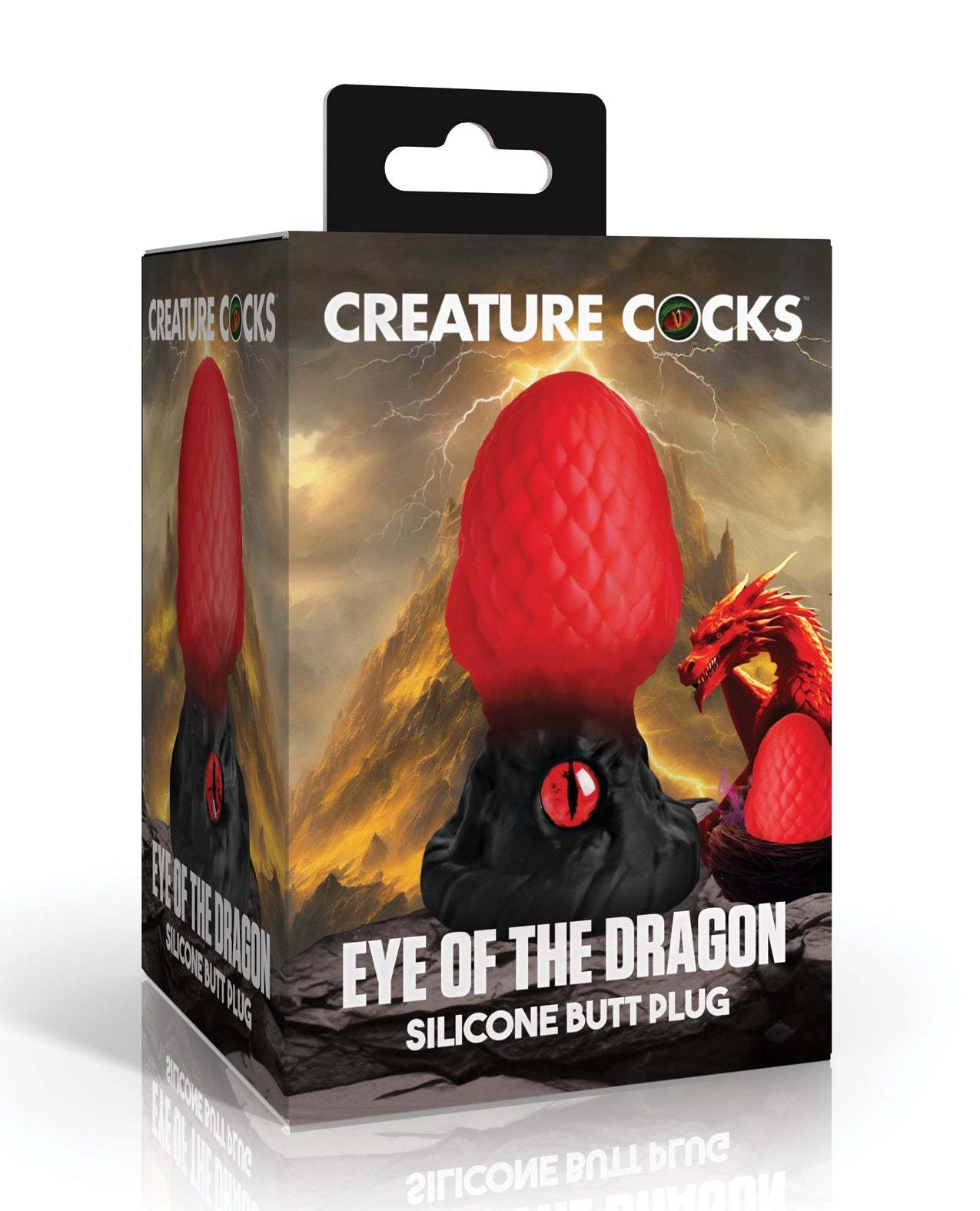 Red dragon scale textured silicone butt plug with glass dragon eye base, Creature Cocks Eye of the Dragon design.