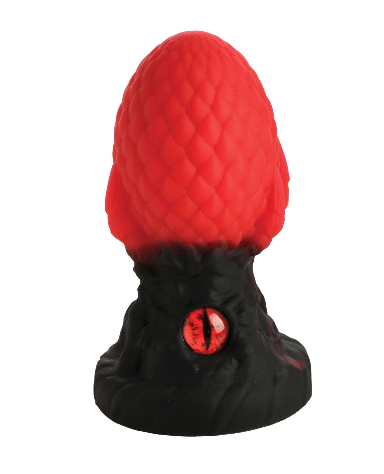Red and black silicone butt plug with dragon scale texture and glass dragon's eye base, Creature Cocks - Eye of the Dragon Silicone Butt Plug.