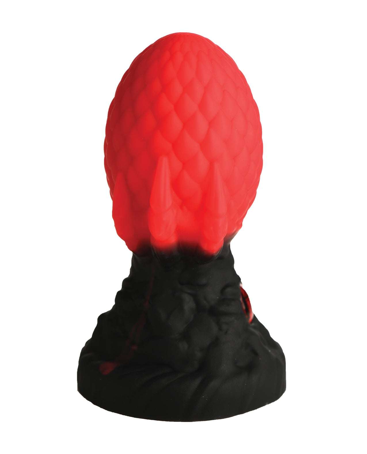 Red silicone dragon scale textured butt plug with black base and glass dragon's eye detail.