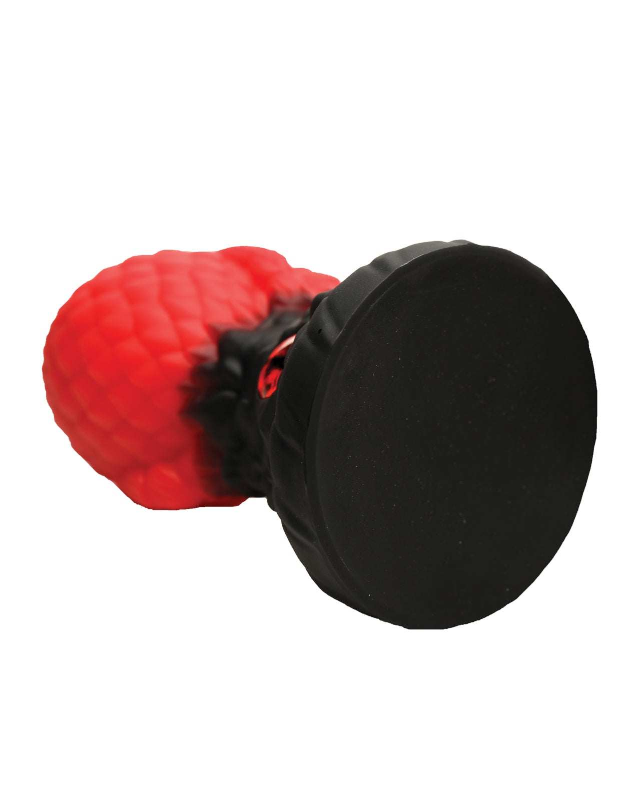 Red dragon scale textured silicone butt plug with black suction cup base and glass dragon eye detail.