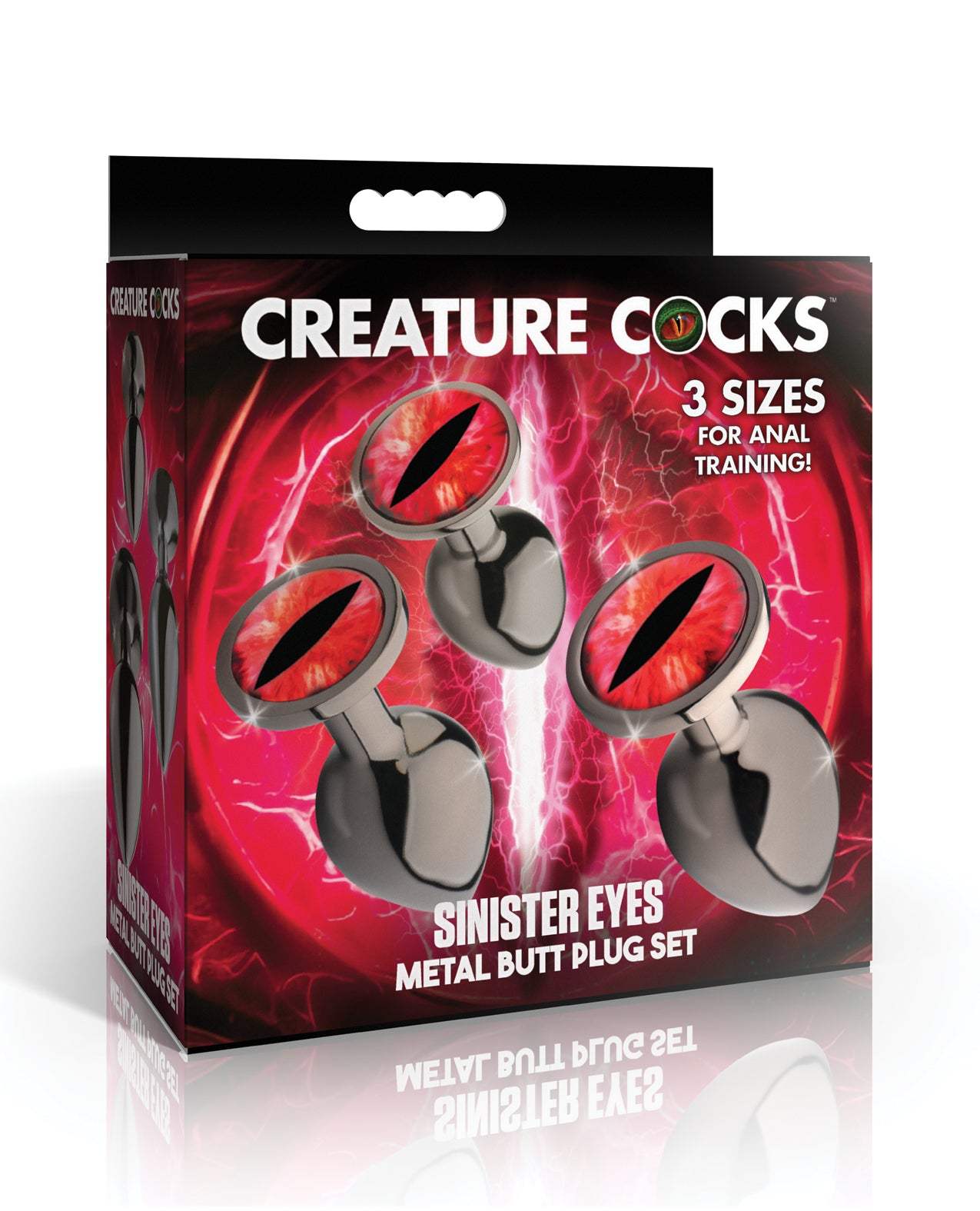 Creature Cocks Sinister Eyes red eye metal butt plug set with three sizes for anal training