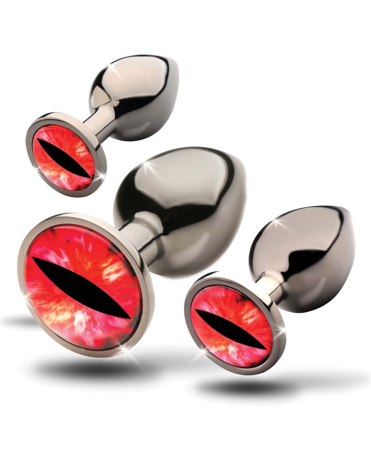 Set of three Creature Cocks metal butt plugs with red glass eyes and tapered design for gradual training and safe use