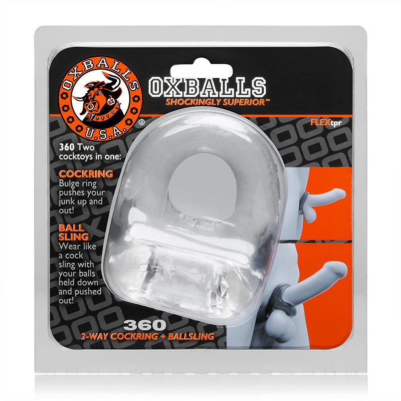 OxBalls 360 clear cockring and ballsling made of flexible TPR, compact and stretchy, designed for support and stretching sensation