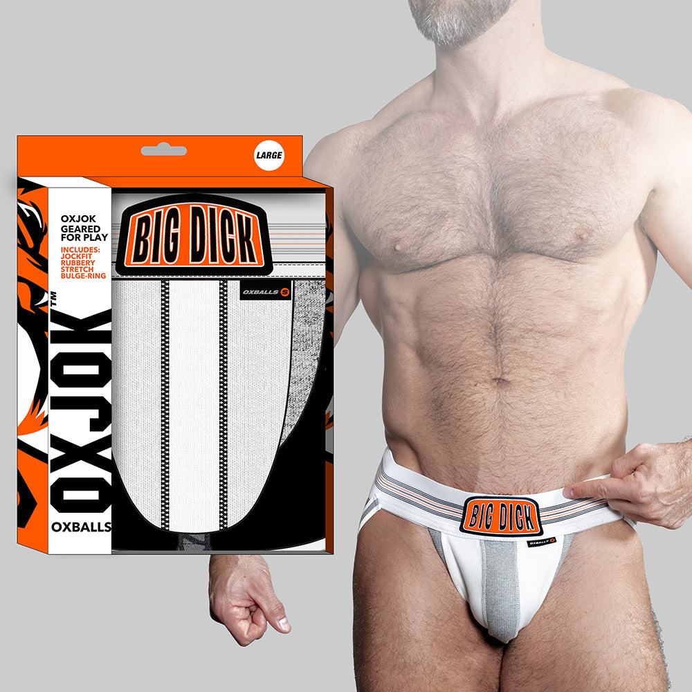 White Oxballs Oxjok Bulger Pumper-Sack Slider Jockstrap with padded pouch and BIG DICK waistband label in XL size