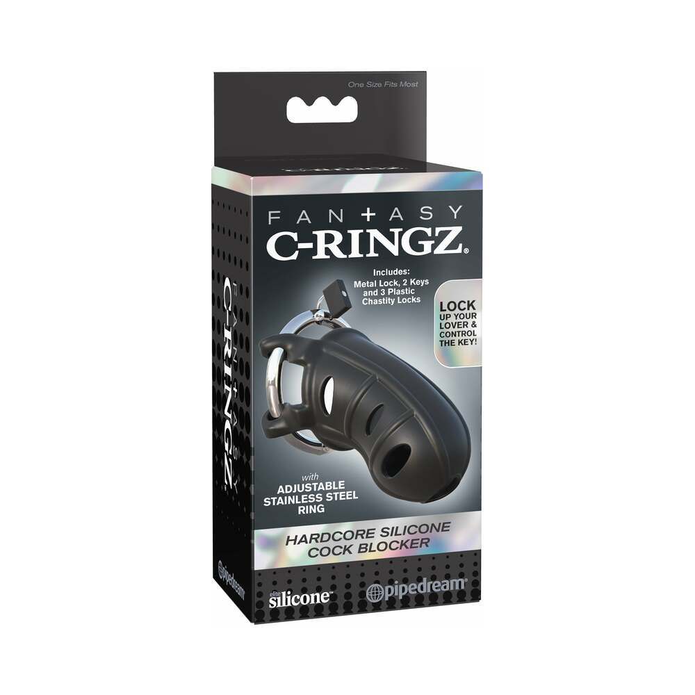Fantasy C-Ringz Hardcore Silicone black locking cock blocker chastity cage with adjustable stainless steel ring and ventilation holes.