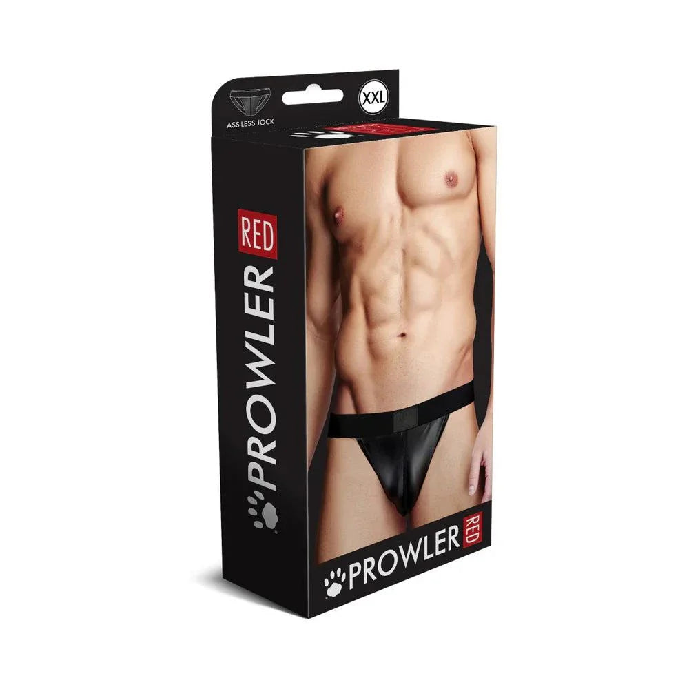 Prowler RED Wetlook black assless jock strap packaging with male model showing fit design