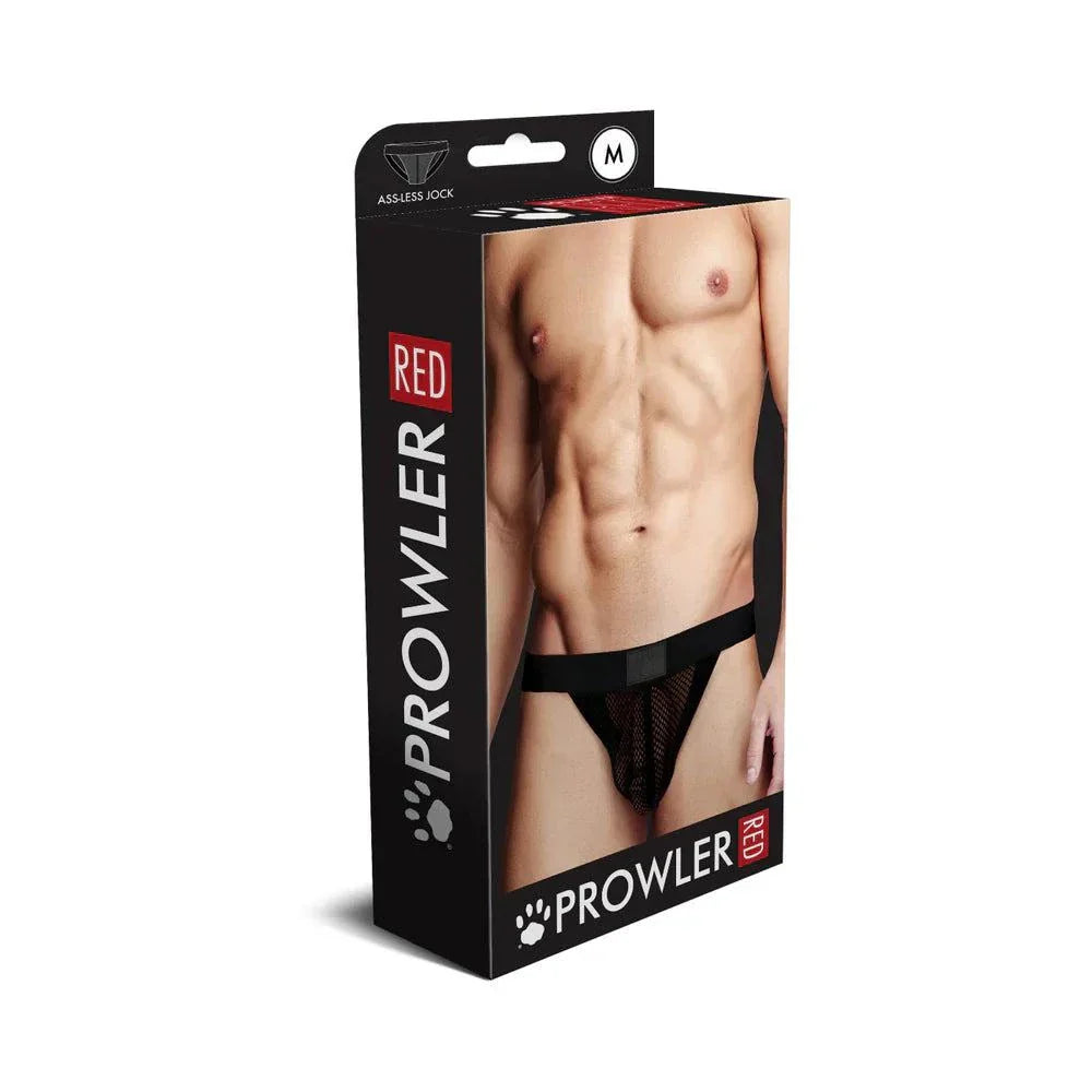 Prowler RED Fishnet Assless Jock Strap Black M packaging with model showcasing fishnet design.