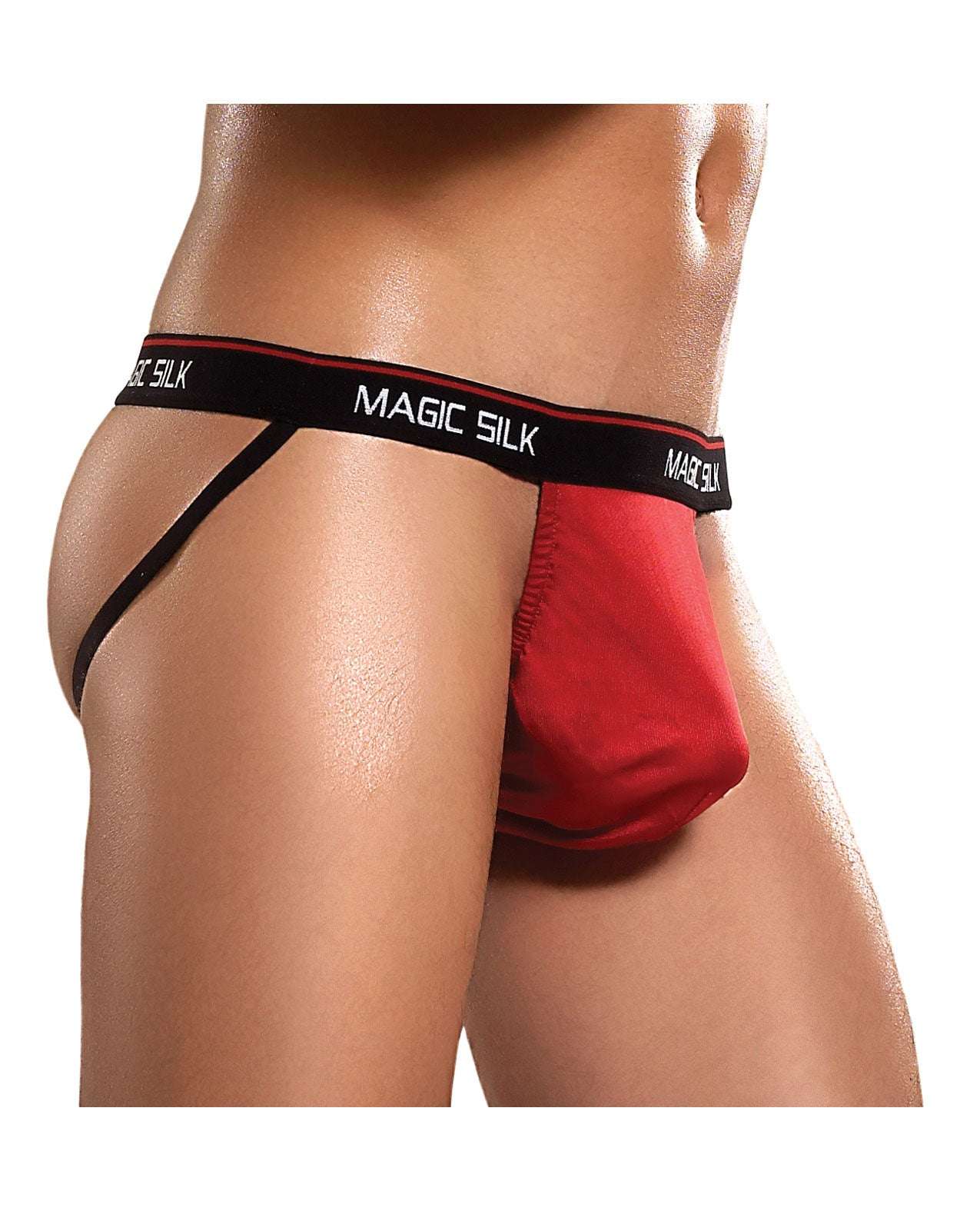Red 100% silk jock strap with black waistband from Magic Silk, size S/M for waist 28-30 inches
