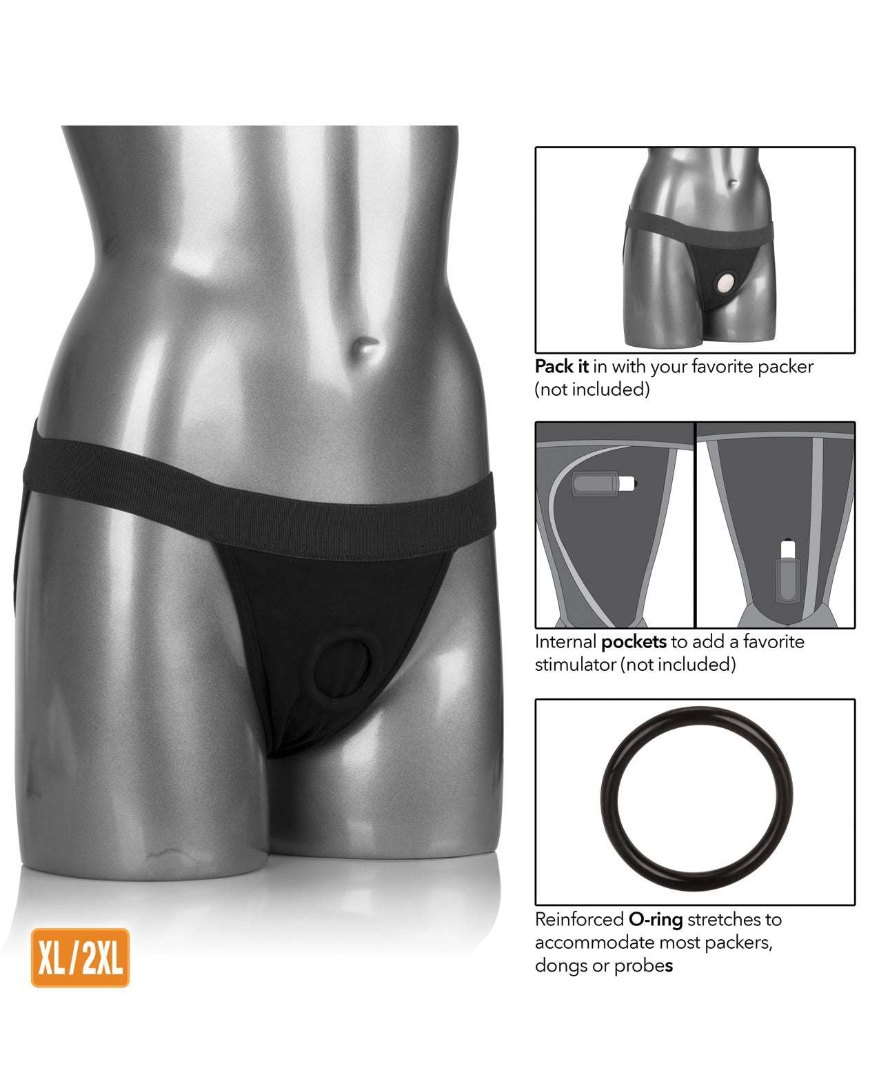 Packer Gear™ Jock Strap XL/2XL black adjustable strap-on harness with reinforced O-ring and internal vibrator pocket
