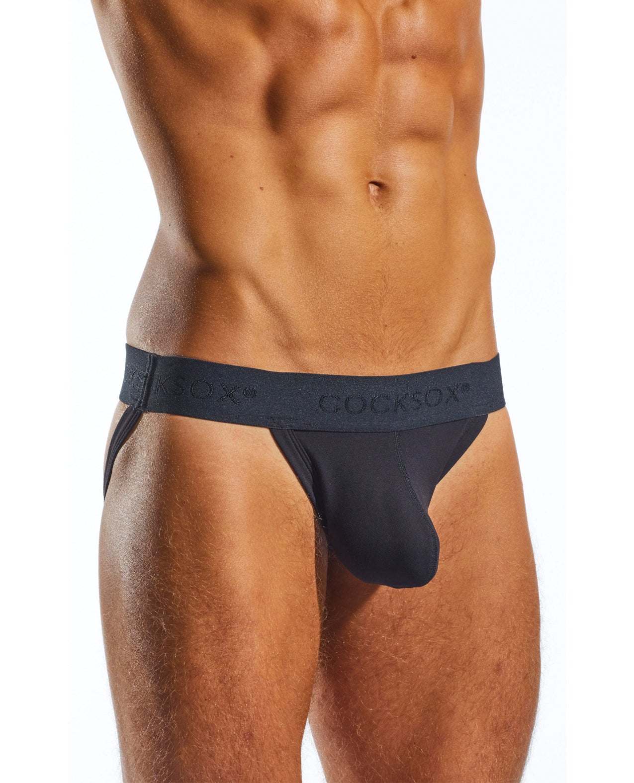 Cocksox Enhancing Pouch Jockstrap in black with wide branded waistband, small size on male model