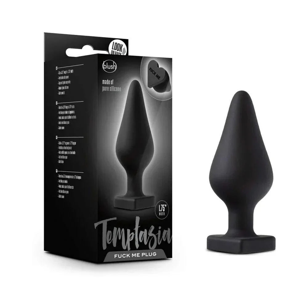 Temptasia 'Fuck Me' black silicone anal plug with heart-shaped base and tapered design for comfortable insertion