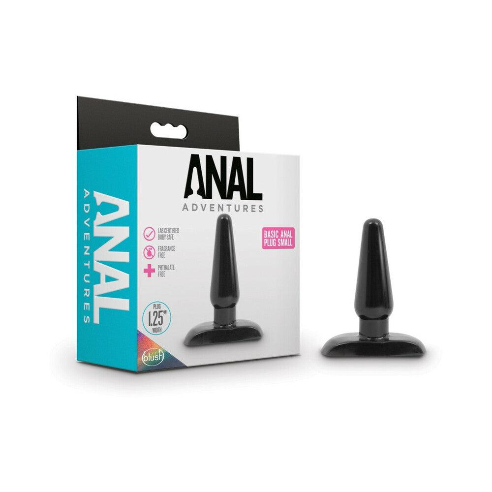 Anal Adventures Basic Anal Plug Small Black with tapered tip and 1.25 inch width in packaging and unpackaged view