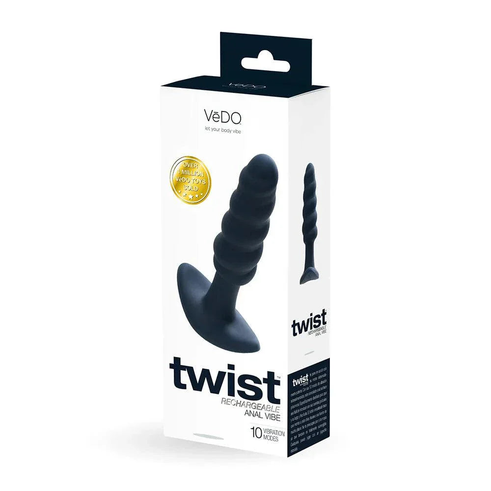 VeDO Twist rechargeable black silicone vibrating anal plug with 10 modes and swirly bead design