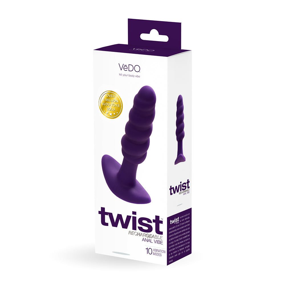 VeDO Twist rechargeable purple silicone vibrating anal plug with 10 vibration modes and waterproof design