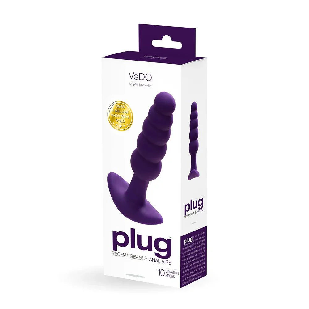 Purple rechargeable silicone vibrating anal plug with 10 vibration modes by VeDO in retail packaging