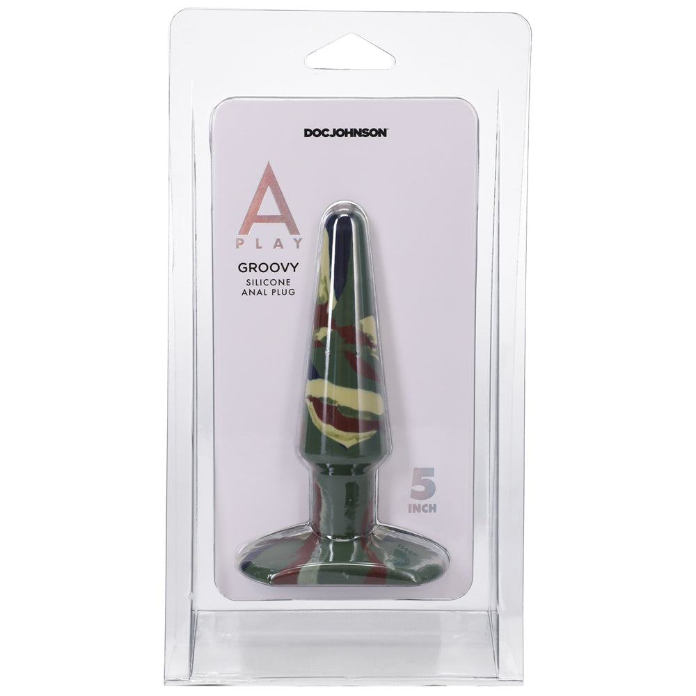 Groovy 5 in. silicone anal plug with camouflage pattern, tapered tip, and wide base for safe and comfortable use