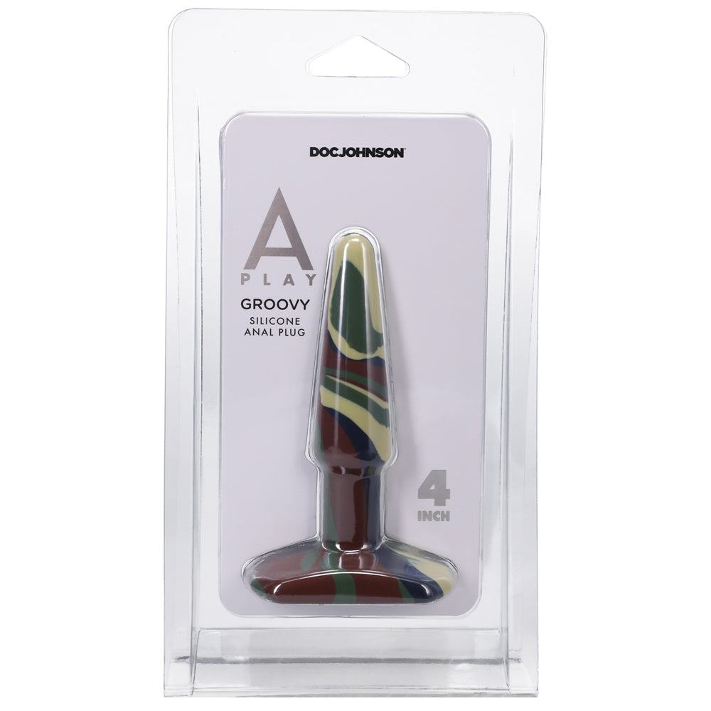 A-Play Groovy 4-inch silicone anal plug in camouflage pattern with tapered tip and wide base for safe, comfortable play