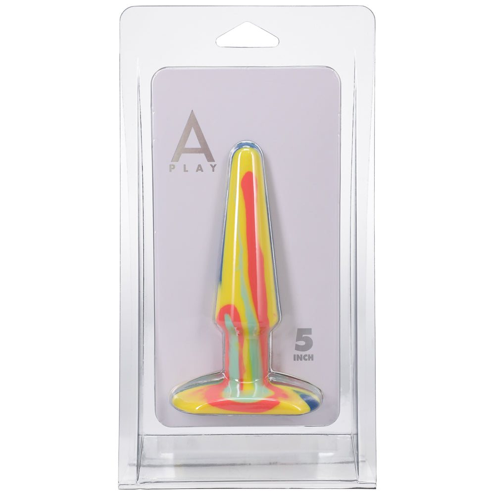 A-Play Groovy 5 inch multi-colored silicone anal plug with tapered tip and wide base for safe, comfortable play