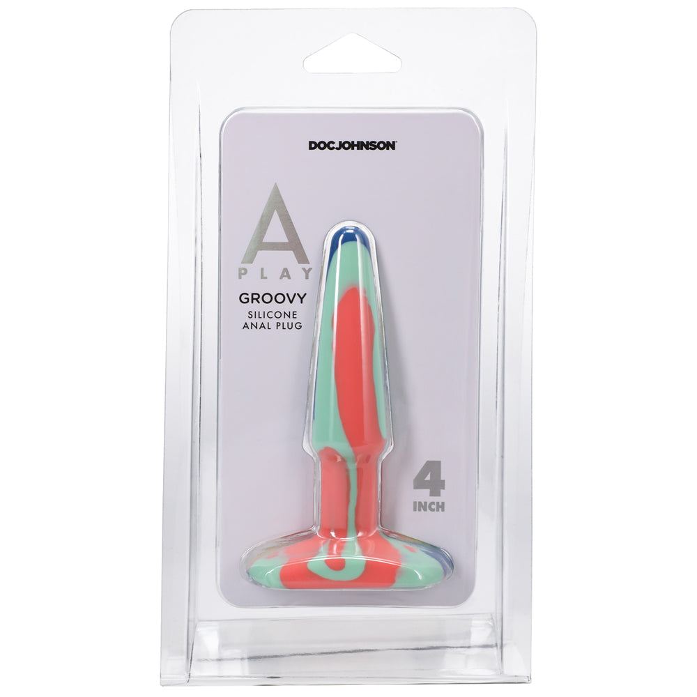 A-Play Groovy 4-inch silicone anal plug in multi-color, tapered tip, wide base, body-safe and flexible design