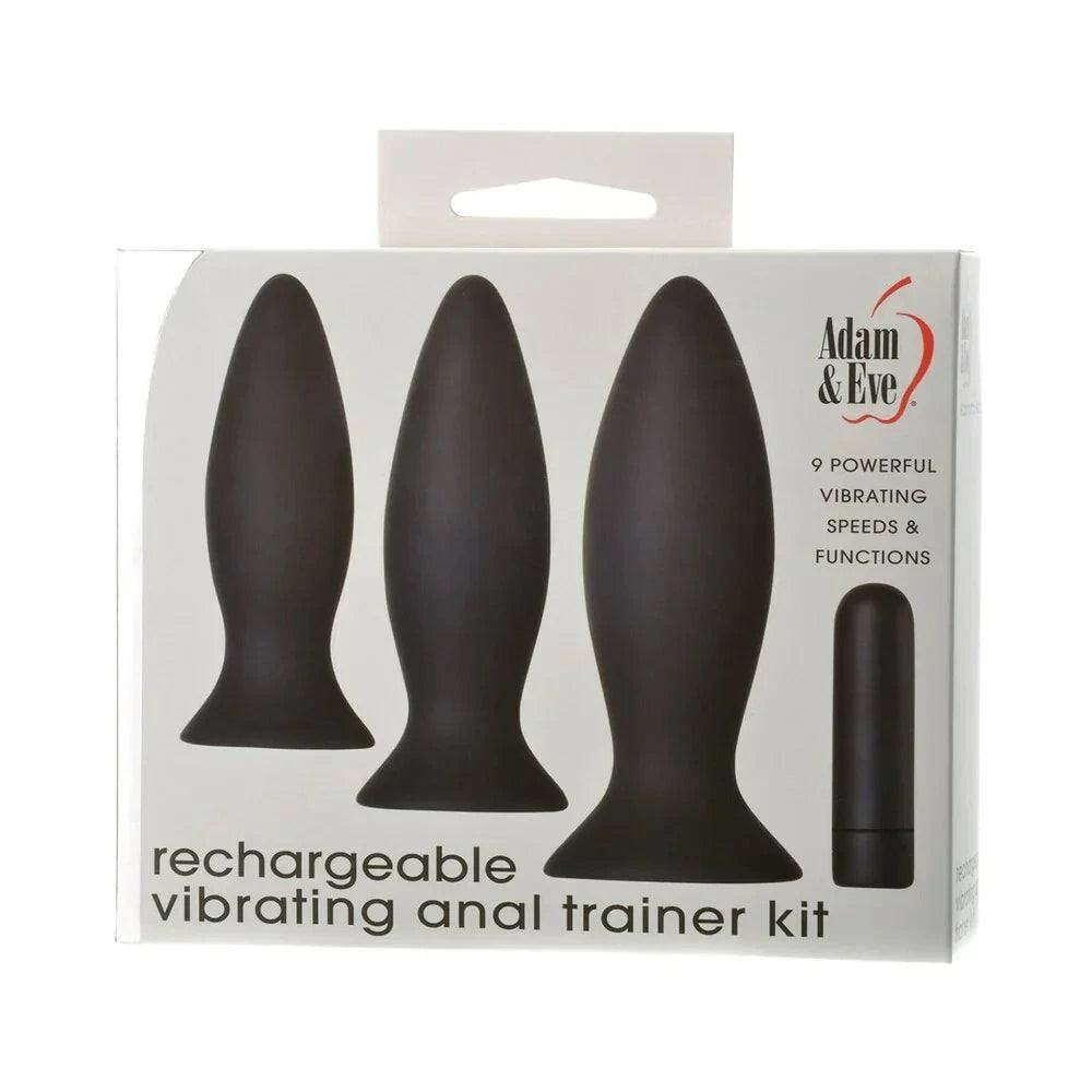 Adam & Eve Rechargeable Vibrating Anal Trainer Kit with three silicone plugs and vibrating bullet
