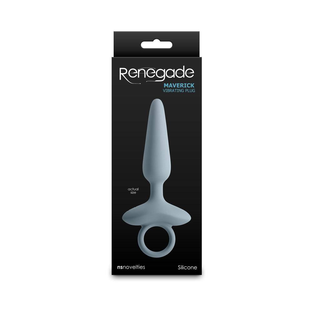 Renegade Maverick rechargeable gray silicone vibrating anal plug with ergonomic design and ring handle in retail packaging