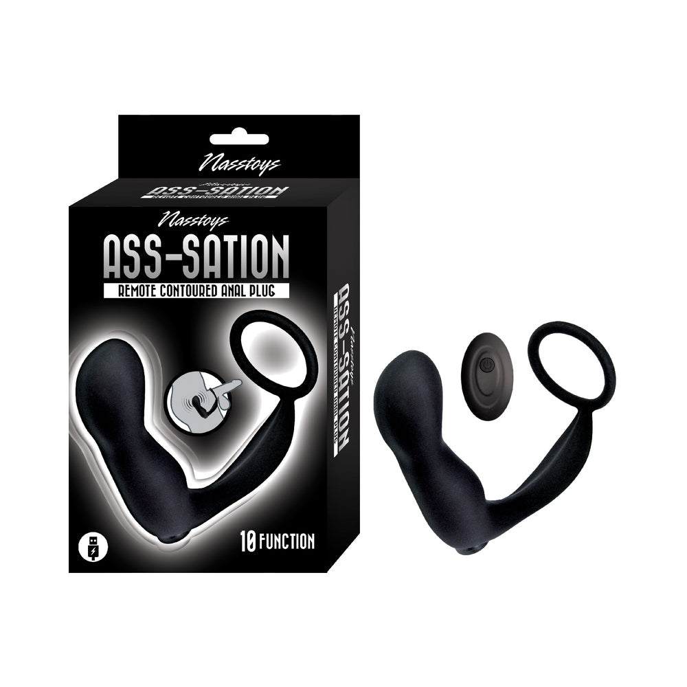 Nasstoys Ass-Sation Remote Contoured Anal Plug in black with remote control and 10 vibration functions for prostate stimulation and enhanced pleasure