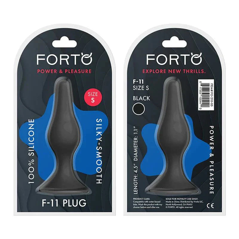 Forto F-11 Lungo small black silicone anal plug with suction cup base, 4.5 inch length, flexible and silky-smooth.
