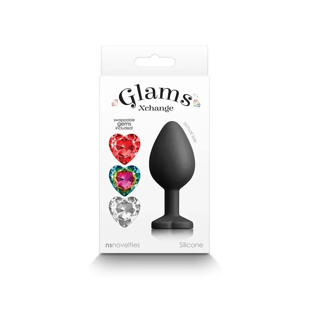 Glams Xchange Heart Anal Plug Medium in black silicone with three interchangeable colorful heart-shaped gems packaging