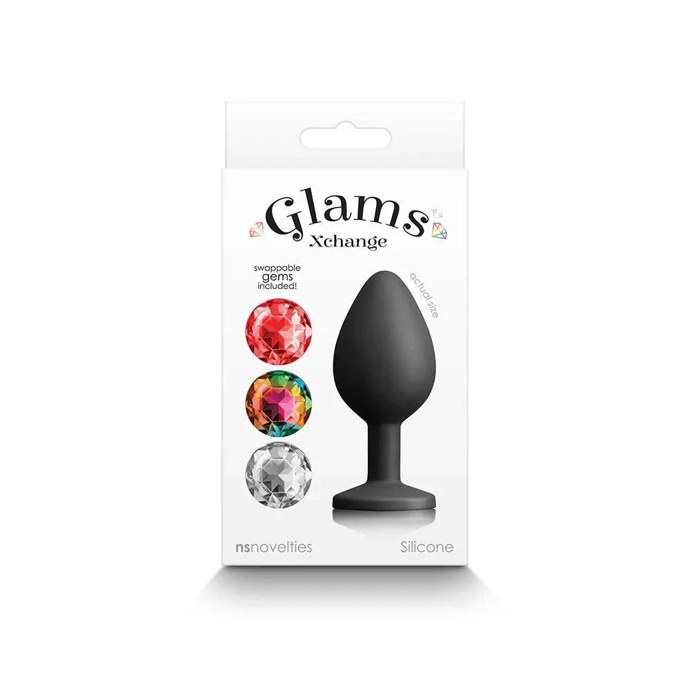 Glams Xchange medium round anal plug with three interchangeable colorful silicone gems in retail packaging