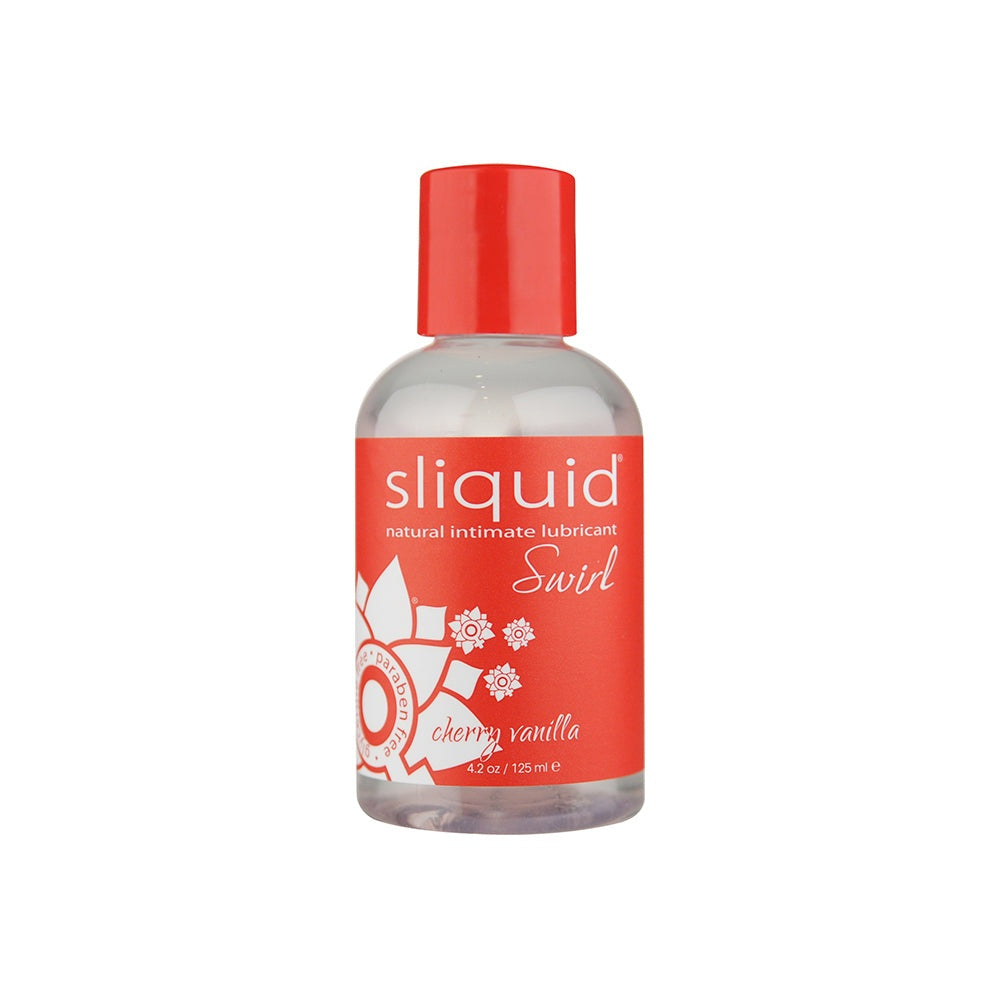 Sliquid Swirl Cherry Vanilla flavored natural intimate lubricant 4.2 oz bottle with red label and cap