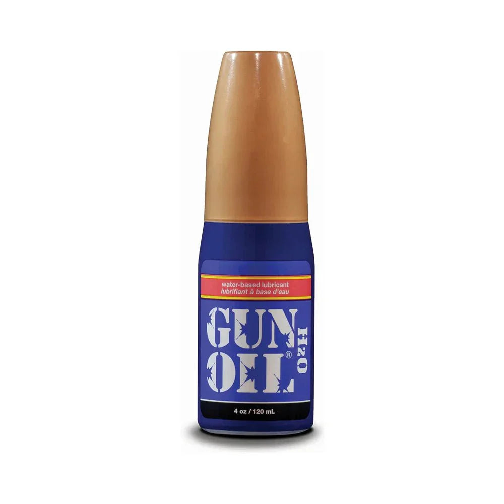 Gun Oil H2O water-based lubricant 4 oz bottle with brown cap and blue label