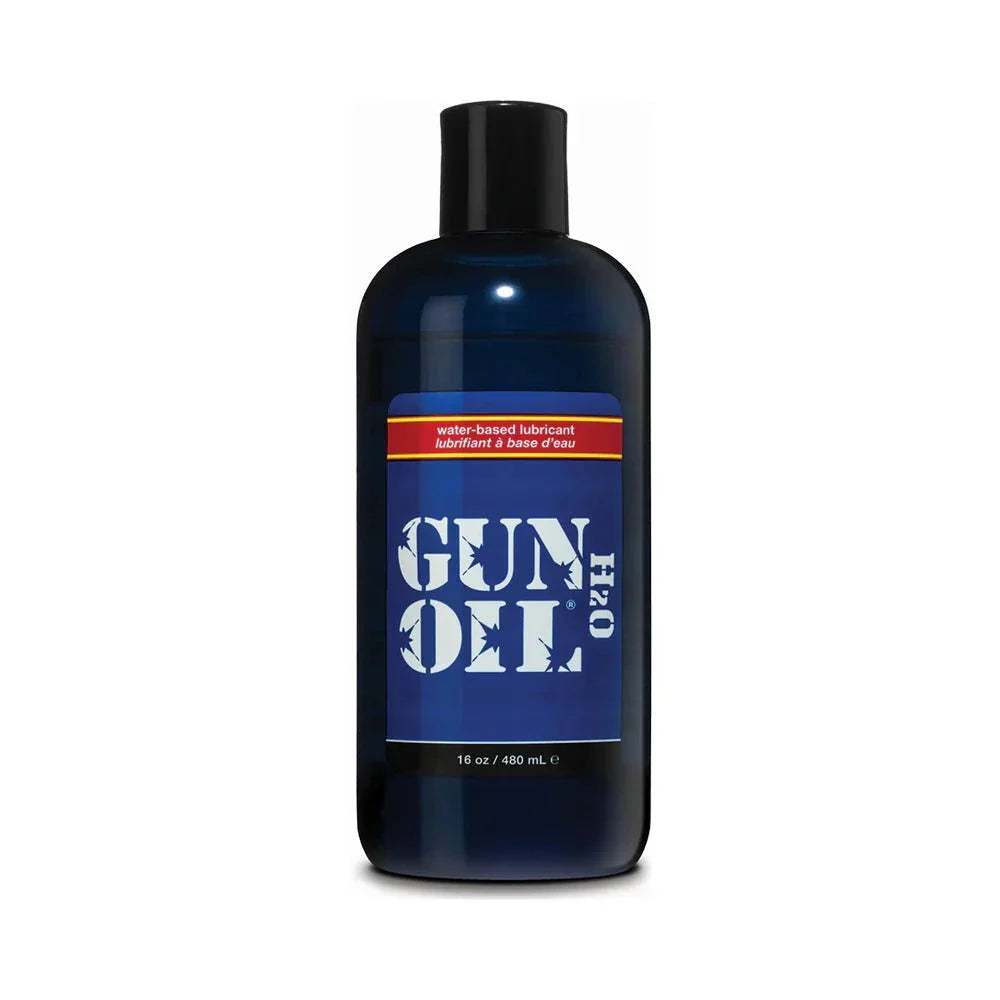 Gun Oil H2O water-based lubricant 16 oz bottle, hypoallergenic and glycerin-free formula with botanical extracts for smooth, long-lasting use.