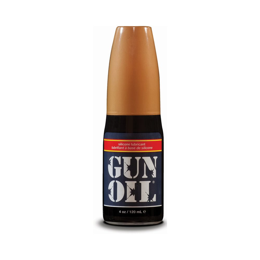 Gun Oil Silicone Lubricant 4 oz bottle with gold cap and black label, water-resistant and hypoallergenic silicone formula with Vitamin E and Aloe Vera.