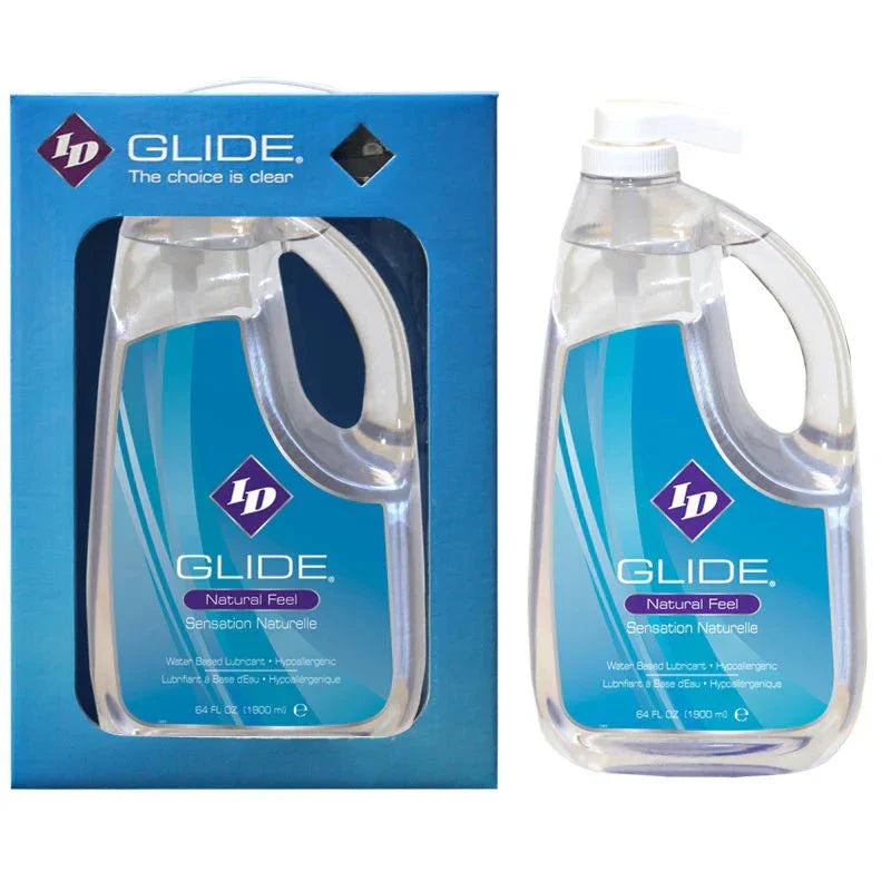 ID Glide Lubricant 64oz pump bottle and packaging with blue label, water-based personal lubricant for intimate use