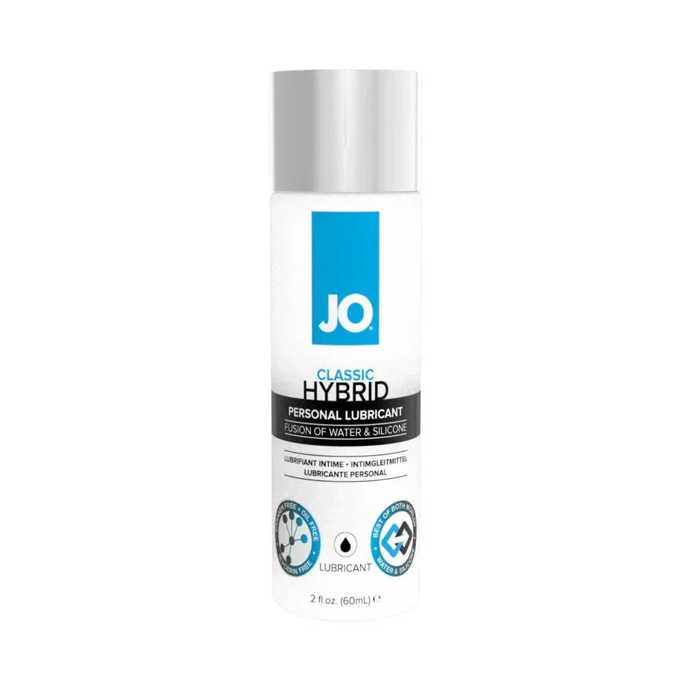 JO Classic Hybrid lubricant 2 oz bottle with water and silicone-based formula for long-lasting, smooth personal lubrication.