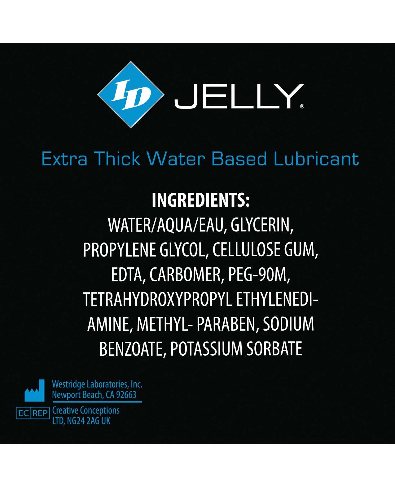 ID Jelly Extra Thick water-based lubricant bottle label with ingredients list and branding