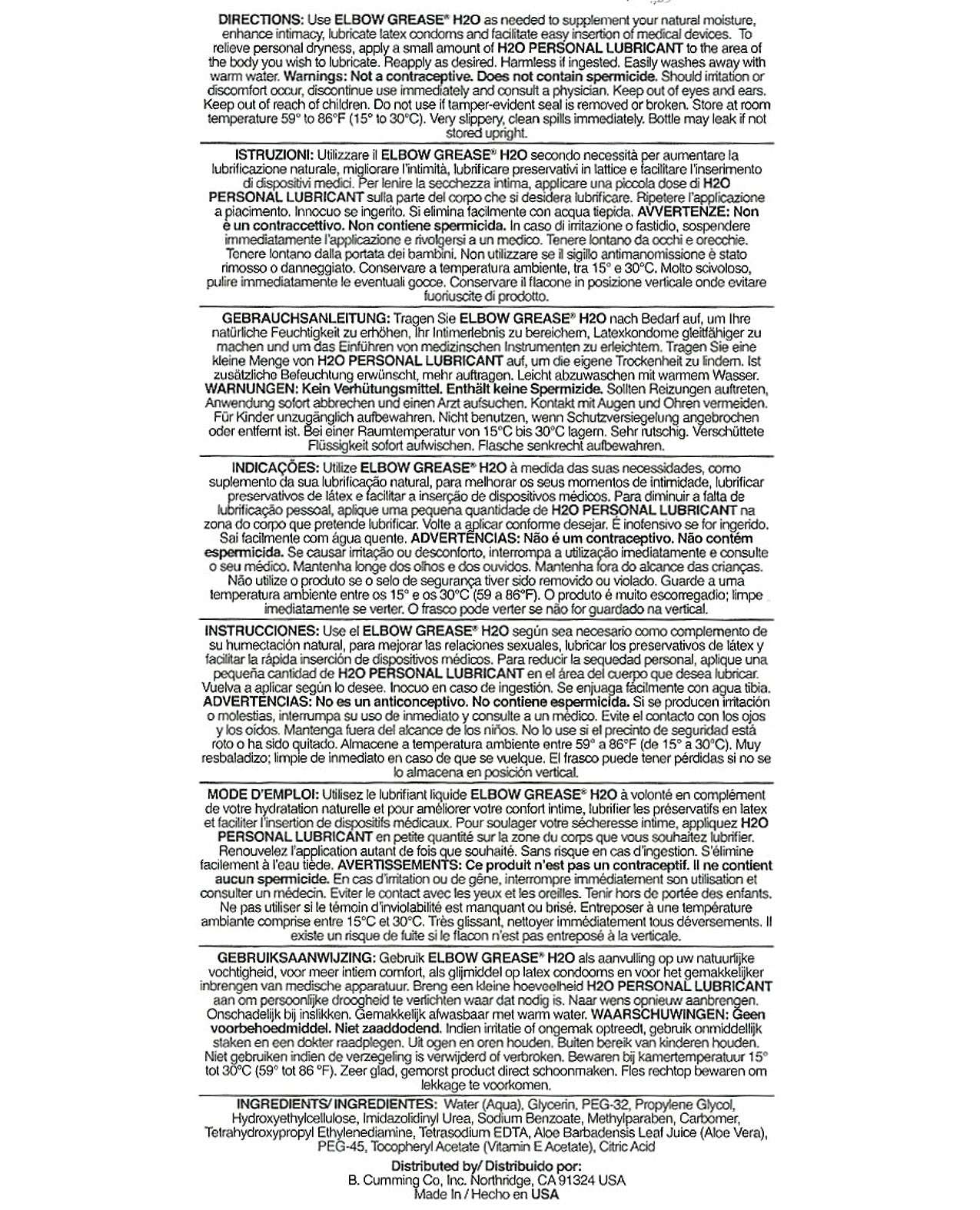 Elbow Grease H2O Personal Lubricant 2 oz water-based, Aloe & Vitamin E, FDA approved, long-lasting, non-staining, condom compatible