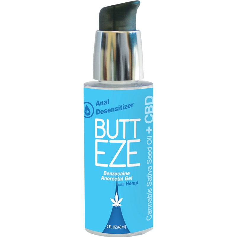 Butt Eze Anal Desensitizing lubricant bottle with hemp seed oil and benzocaine gel for anorectal use 2 oz