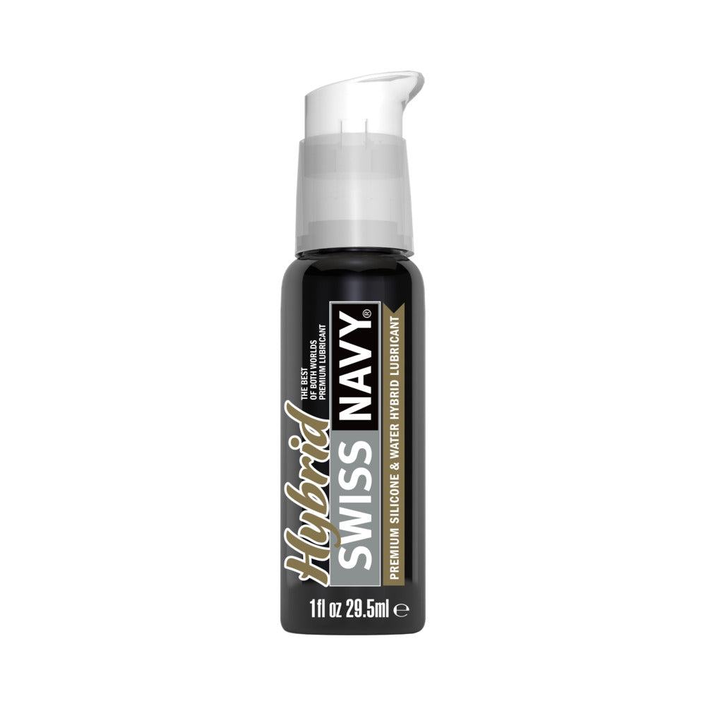 Swiss Navy Hybrid 1 oz premium silicone and water-based lubrication bottle with pump dispenser for long-lasting comfort and easy cleanup