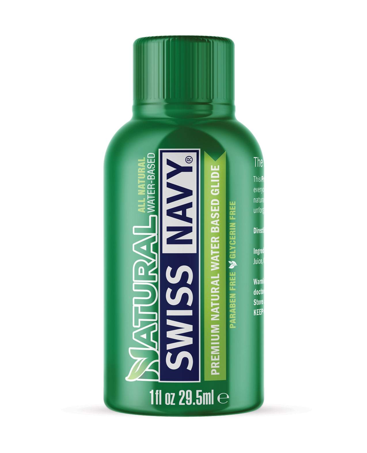 Green 1oz bottle of Swiss Navy natural water-based lubricant for sensitive skin and smooth glide