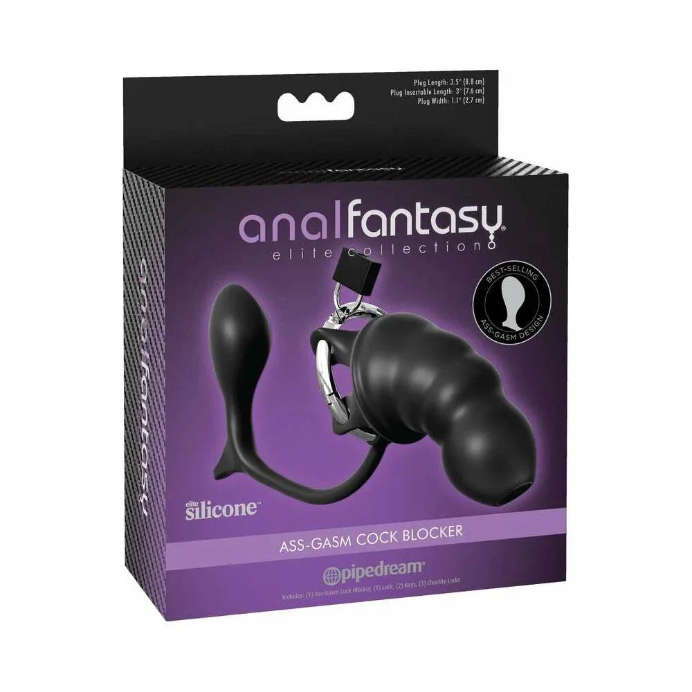 Anal Fantasy Elite Collection Ass-Gasm Cock Blocker chastity cage and prostate plug in black silicone packaging