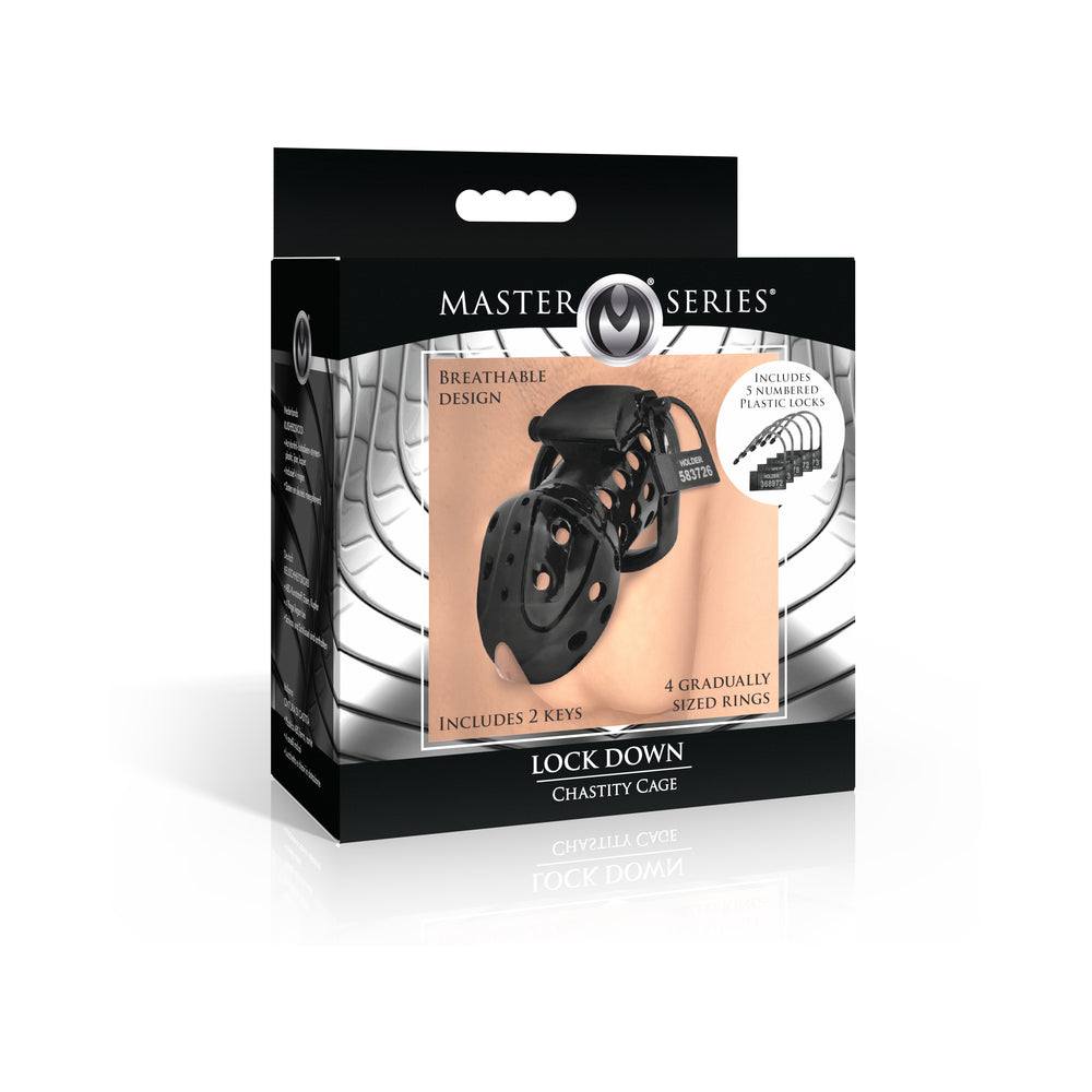 Master Series Lock Down Chastity Cage with breathable design, cum-thru tip, four ring sizes, and two locking mechanisms including keys and tags.