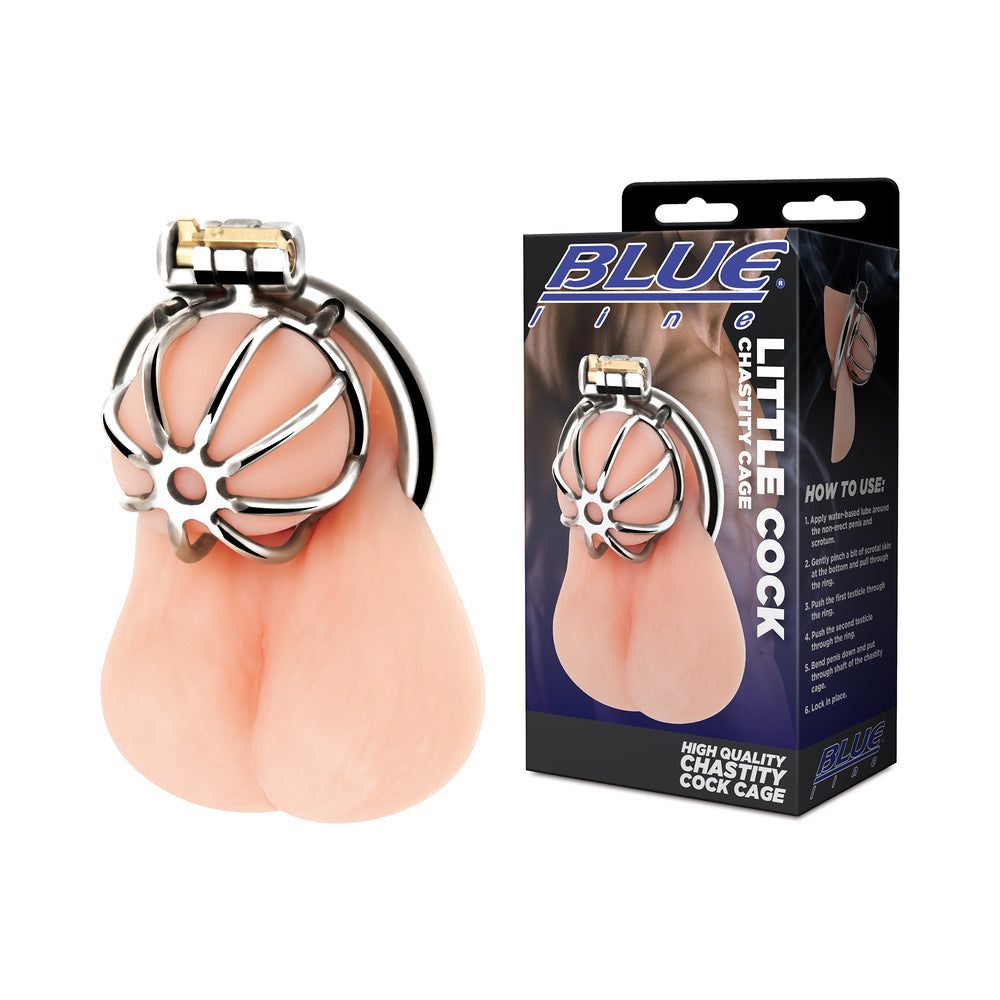 Blue Line Little Cock Chastity Cage made of stainless steel with secure lock and breathable design for enforced chastity and submission play