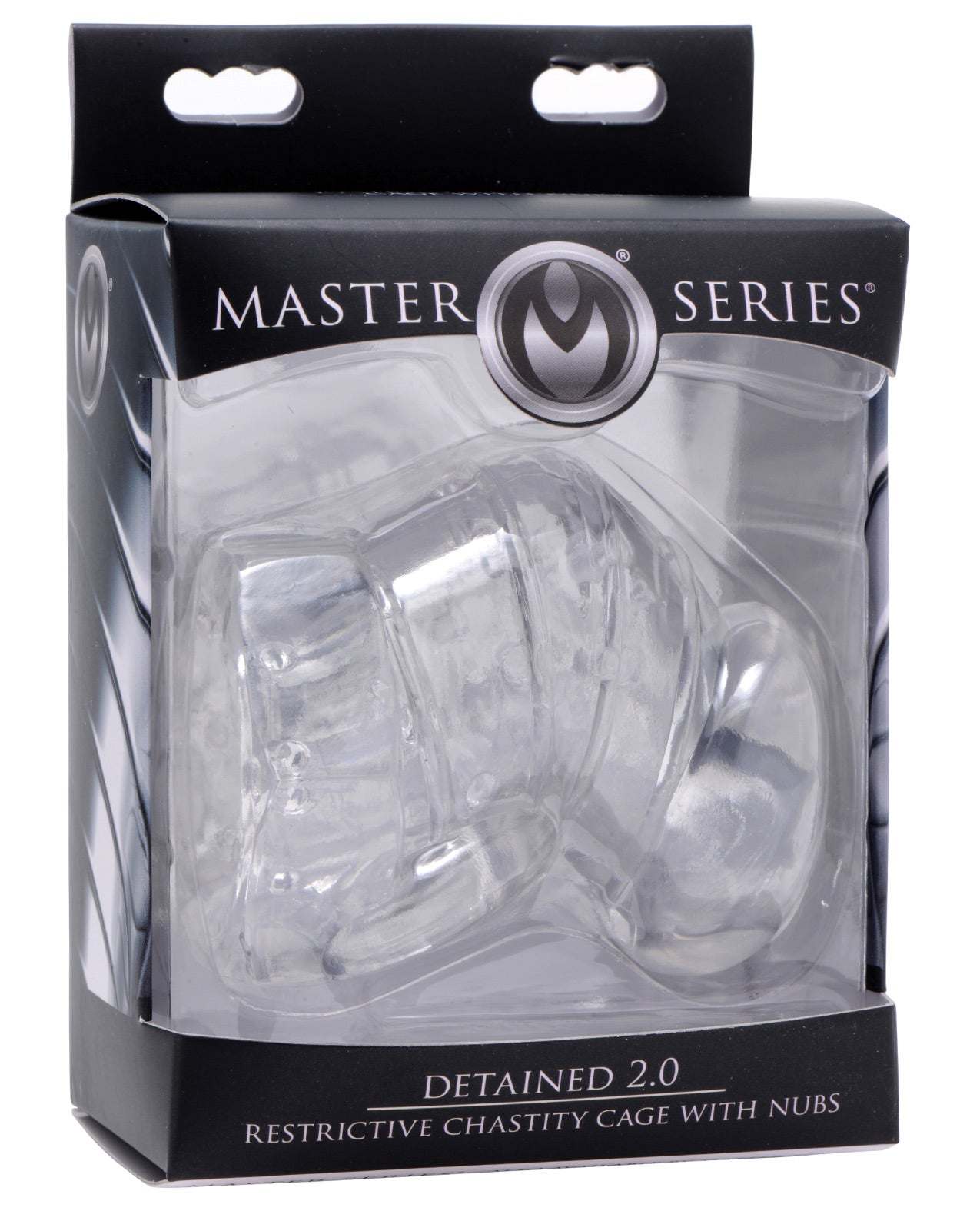 Detained 2.0 restrictive chastity cage with nubs in clear rubber, discreet and flexible design.