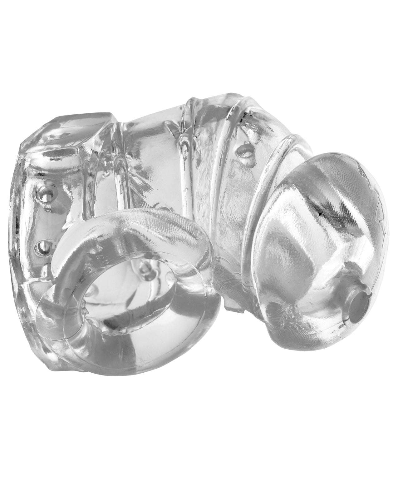 Detained 2.0 restrictive chastity cage with internal nubs for teasing, clear soft rubber, discreet and flexible design.