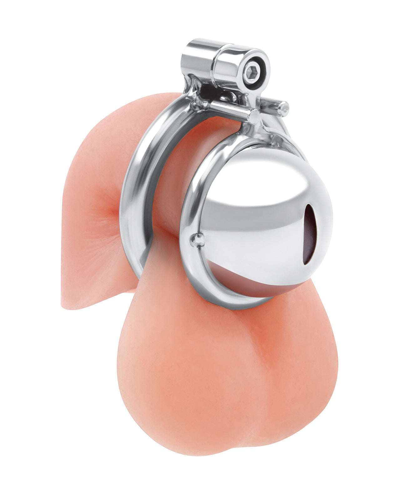 Lockmaster stainless steel inverted micro chastity cage in silver on realistic skin model