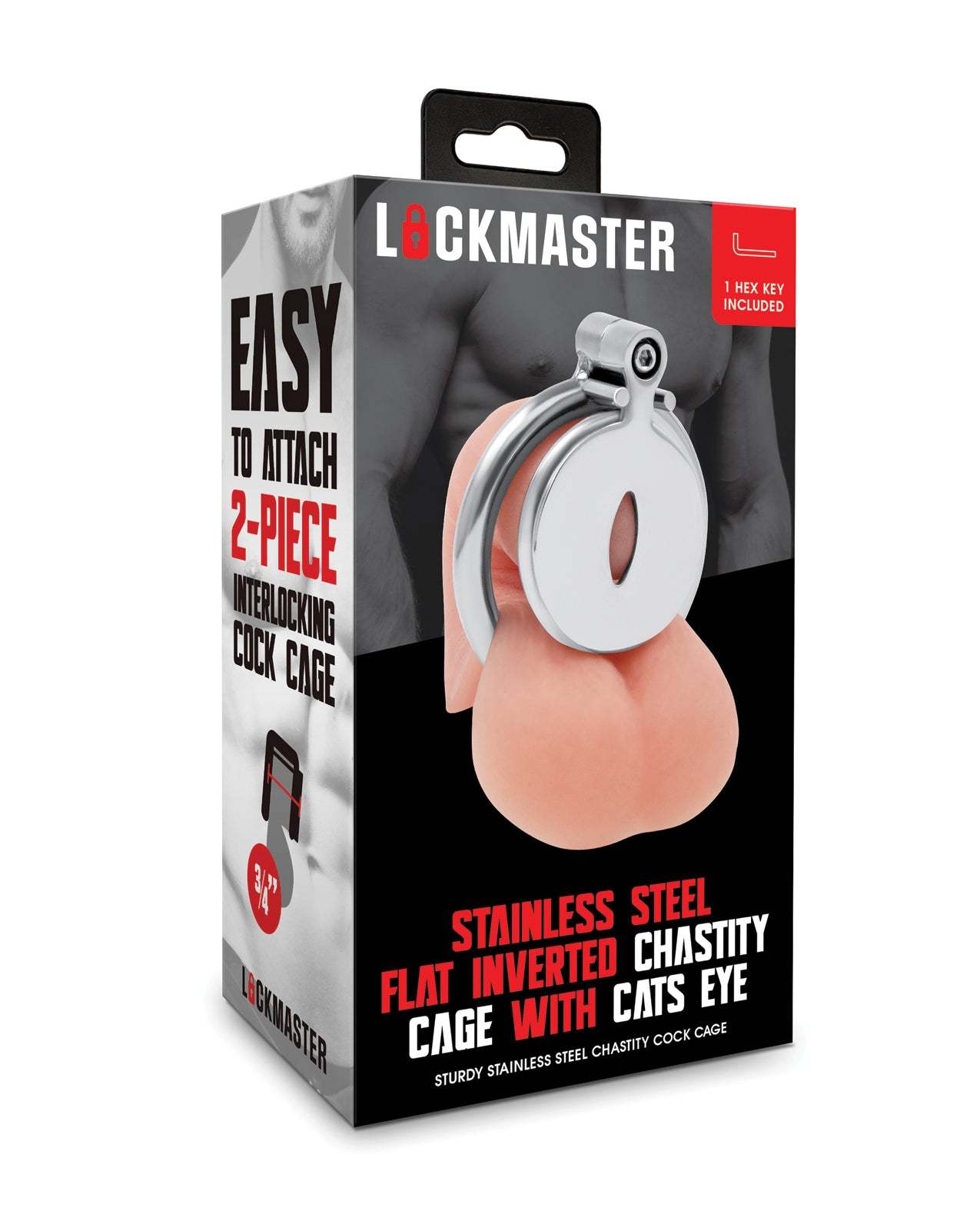 Lockmaster Stainless Steel inverted chastity cage with cats eye design in silver packaging