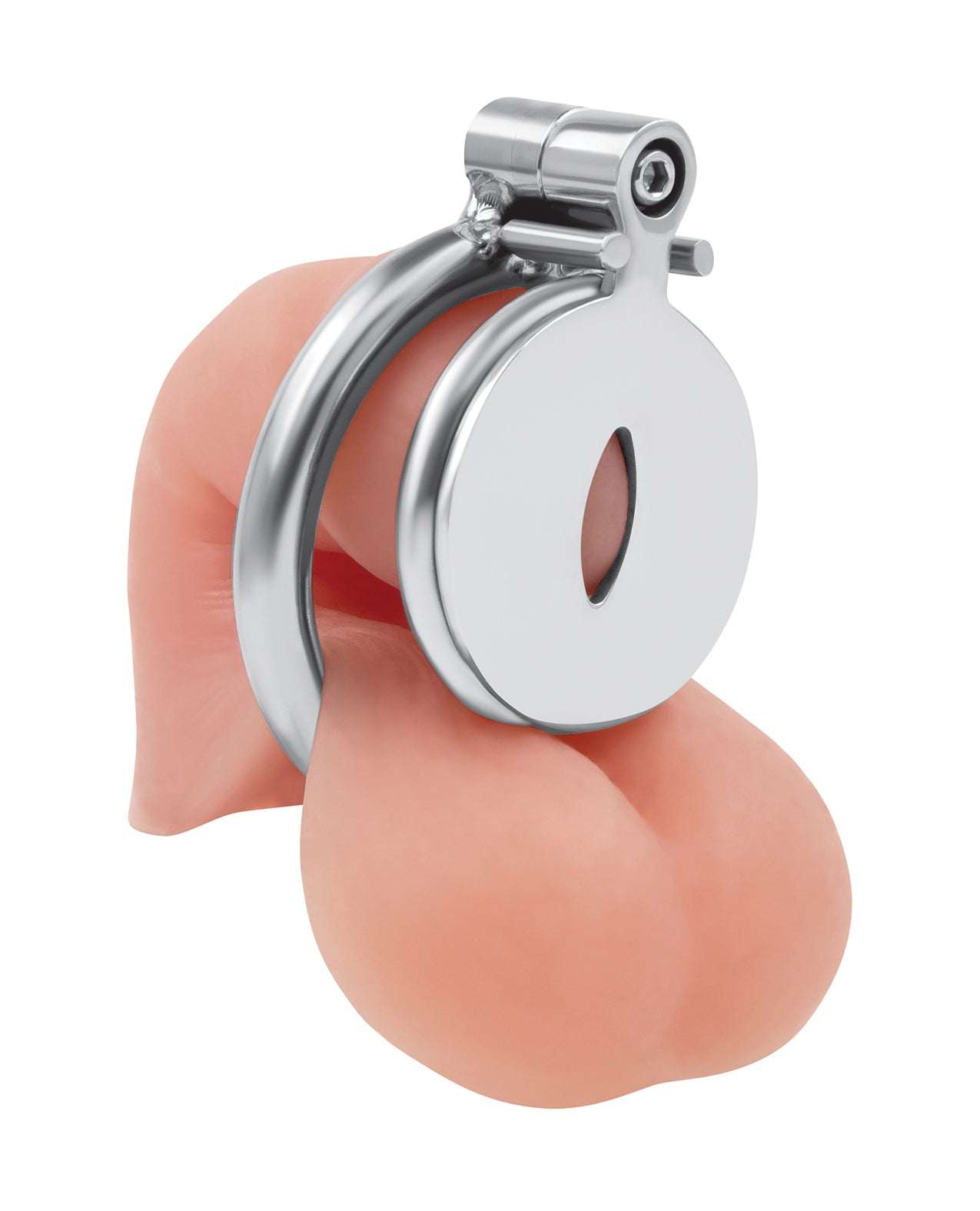 Lockmaster Stainless Steel inverted chastity cage with cat's eye design in silver, durable and body-safe restraint device