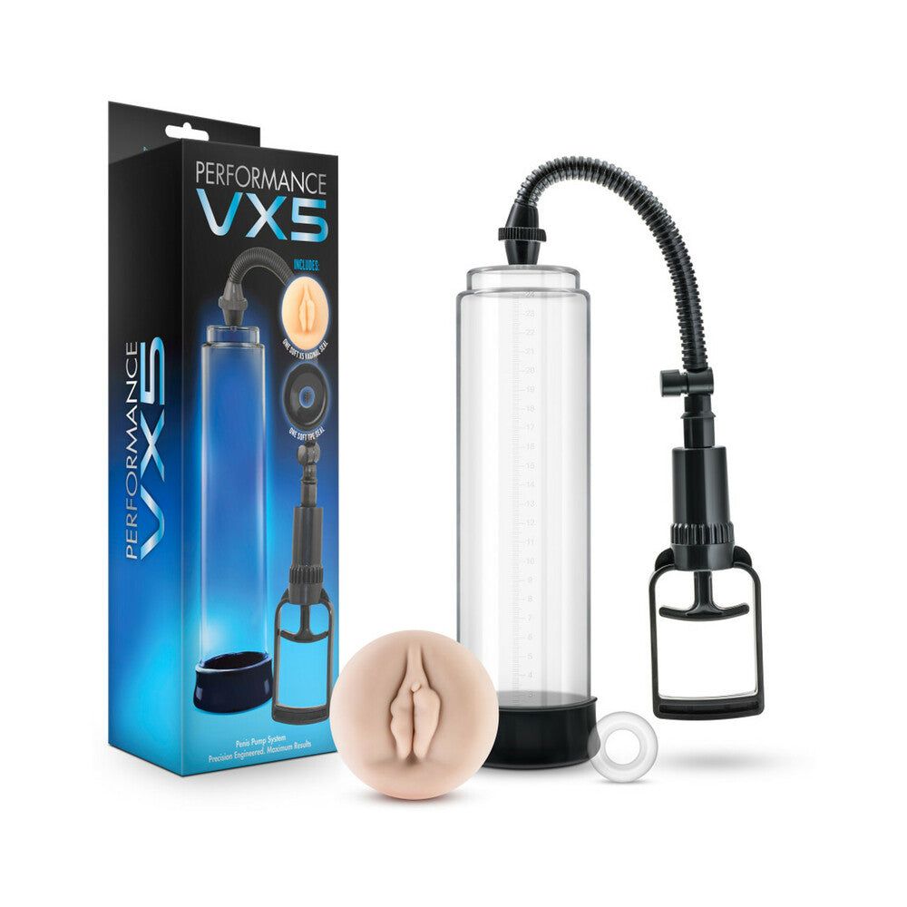 Performance VX5 Male Enhancement Pump System with clear airtight chamber, professional-grade trigger pump, two soft X5 material sleeves, and Stay Hard Donut Cock Ring.