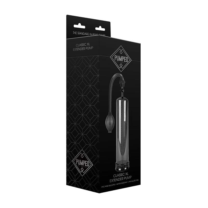 Pumped Classic XL Extender Penis Pump in black with extra-long transparent vacuum chamber and hand-held pump for enhanced pleasure and comfort